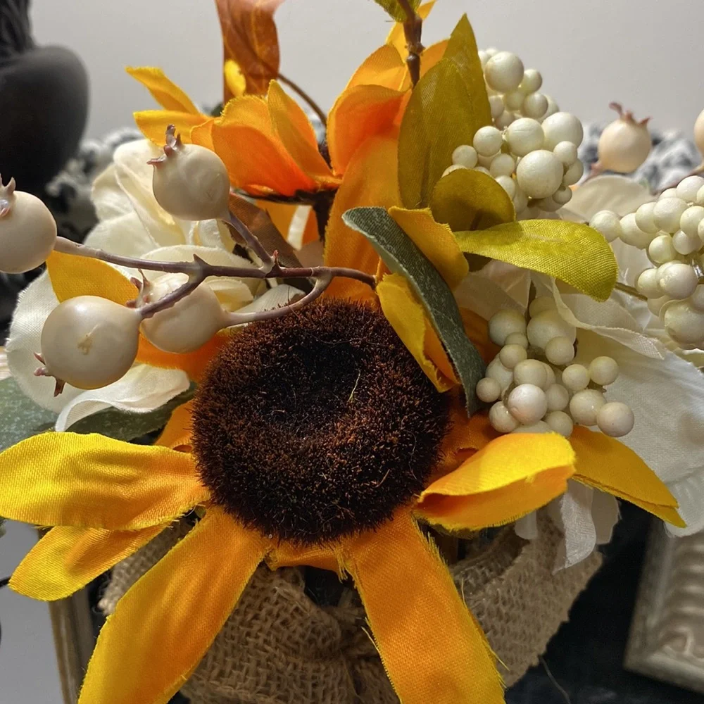 Rustic Sunflower and Berry Arrangement with Burlap Bow!